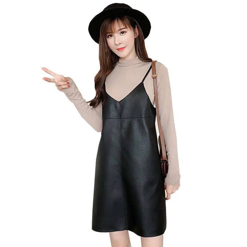

2019 Summer Women Faux Leather Dress Women Sexy Dress Autumn Black Sleeveless Zipper Loose Casual With Strap Dresses Female H72