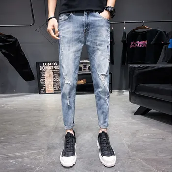 

Spring New Skinny Jeans Men Fashion Wash Retro Tear Hole Denim Pants Man Slim Streetwear Hip Hop Cowboy Trousers Male Clothes