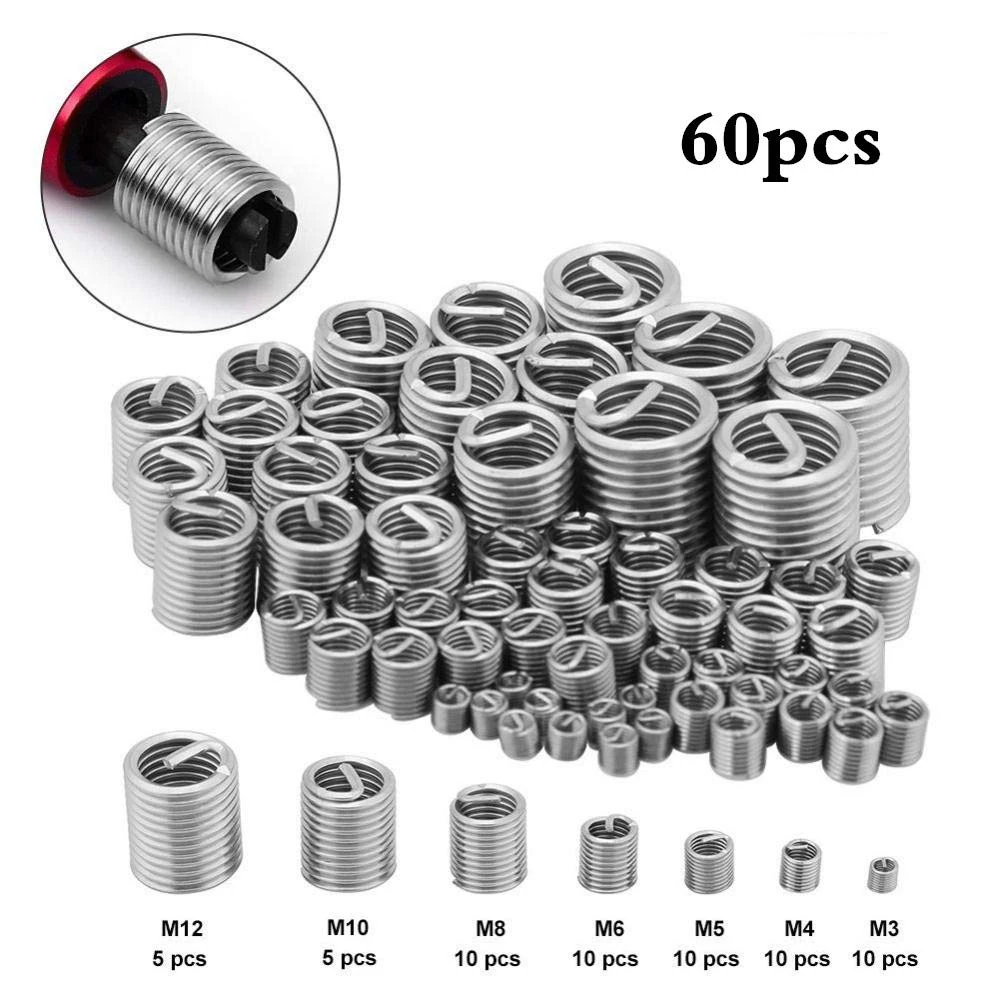 

Car Styling 60Pcs Stainless Steel Thread Insert Set M3/4/5/6/8/10/12 Thread Repair Insert Kit for Helicoil Repair Tools
