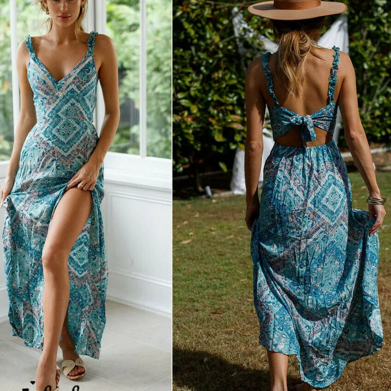 Women Boho Long Maxi Dress Summer Floral Print Bowknot Backless Beach Evening Party Strappy V Floral Sundress