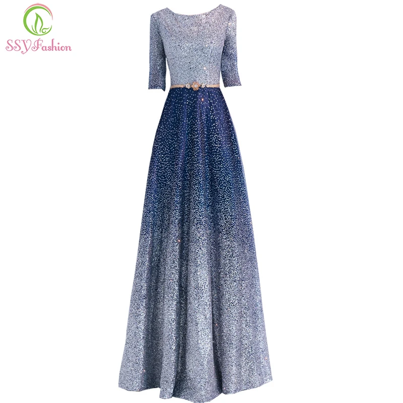 

SSYFashion New Simple Sequins Evening Dress Navy Blue Gradient Color Half Sleeves Floor-length with Belt Long Formal Party Gowns