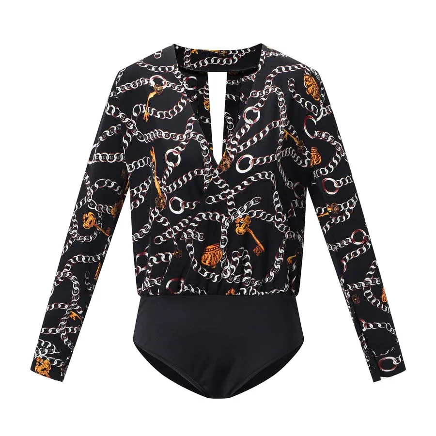 

Sexy Womens Deep V Neck Tops Jumpsuit Long Sleeve Bodysuit Leotard Blouse Romper Printing Loose Women Bodysuits Ladies Clothing