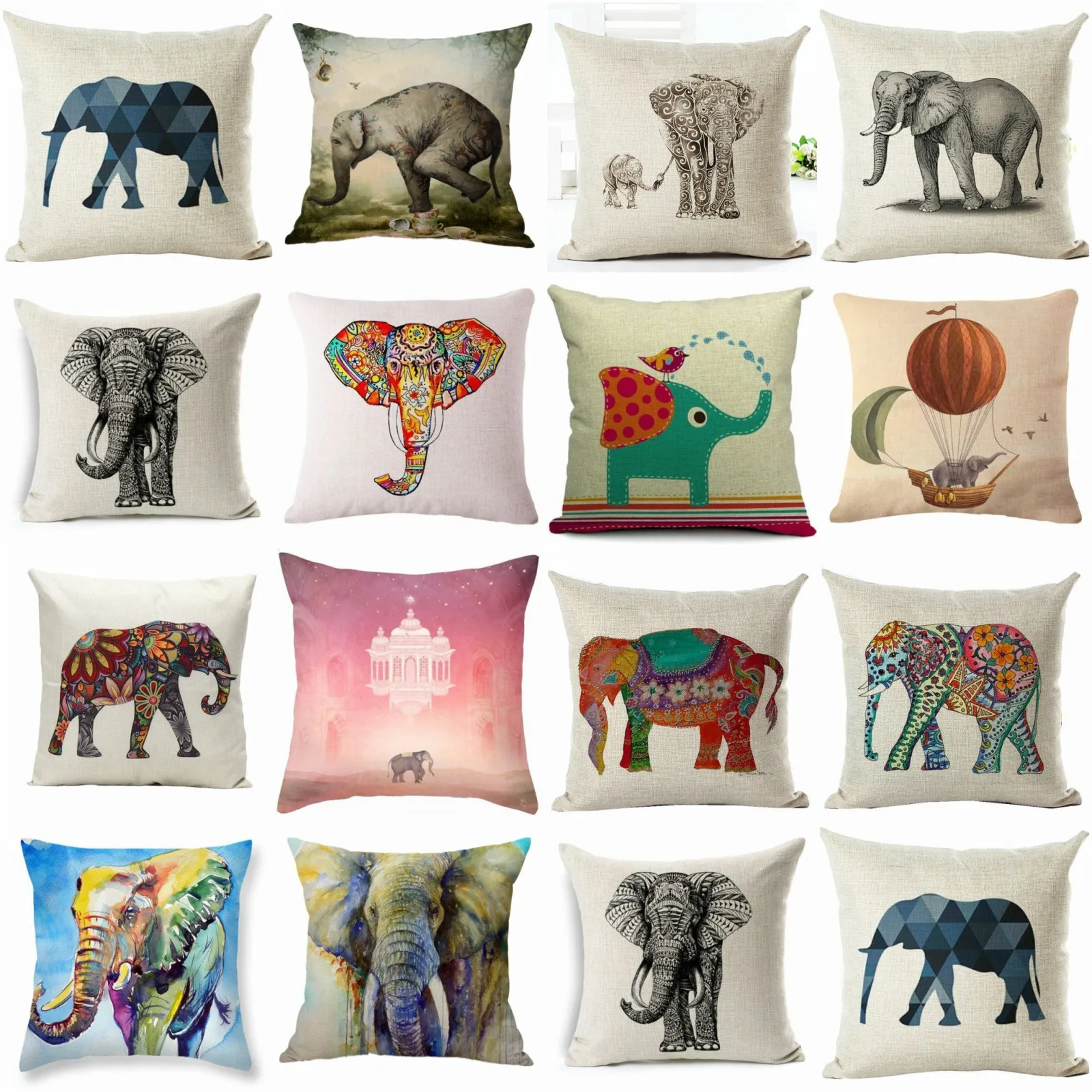Vintage Elephant Pillow Case Throw Pillowcase Cotton Linen Printed