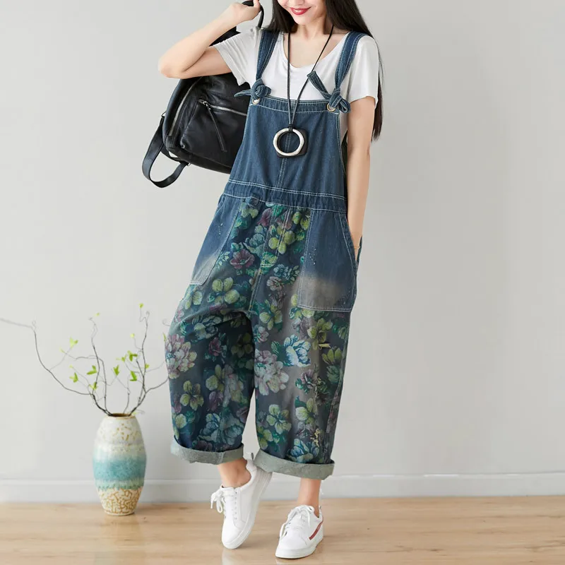 

Printed Flower jean Jumpsuits Large size Baggy Wide Leg Bodysuits Oversized cowboy Bib Denim Harem Rompers Drop Crotch Overalls