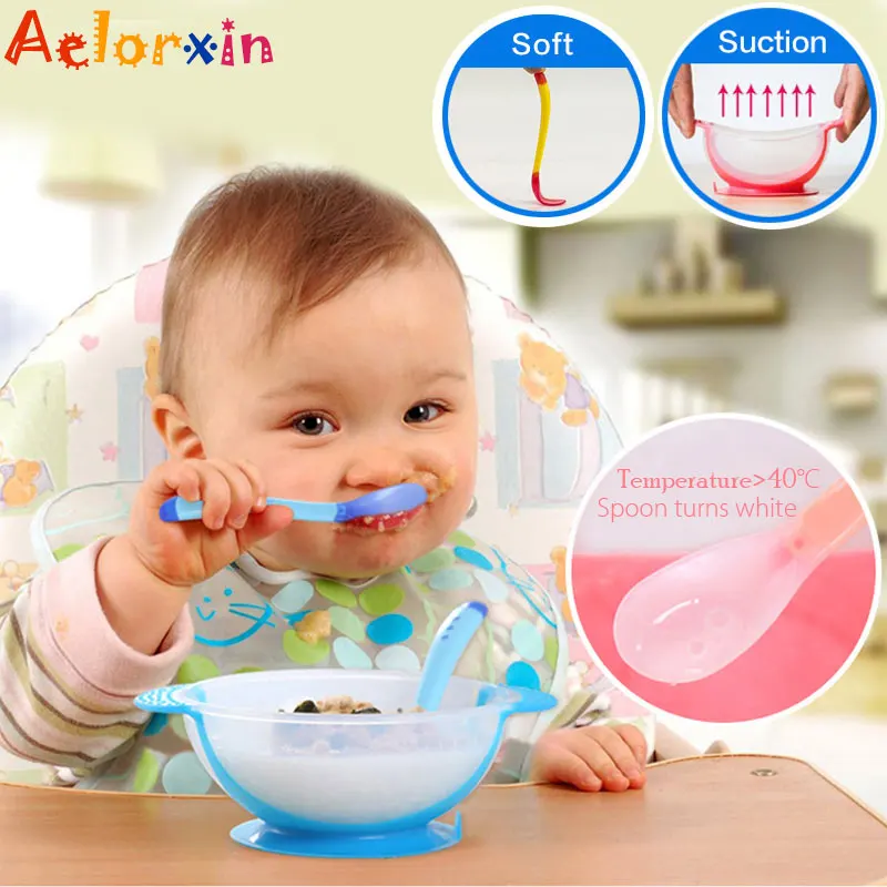 Yiyaqeanca Baby Temperature Sensing Tableware Safety Soft Feeding Flatware Baby Kids Children Feeding Tableware