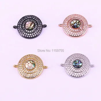 

10Pcs Micro Pave CZ Zirconia Abalone Shell Round Connector Links, Gems Charm Beads, Jewelry Accessories