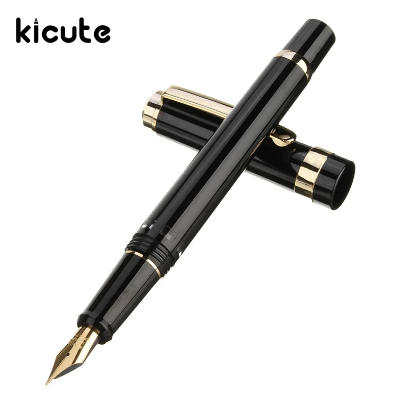 

Kicute 1pcs Modern Piston Type Black Golden Clip Fountain Pen 0.5mm Fine Softer Nib and Storage Bag School Office Supplies