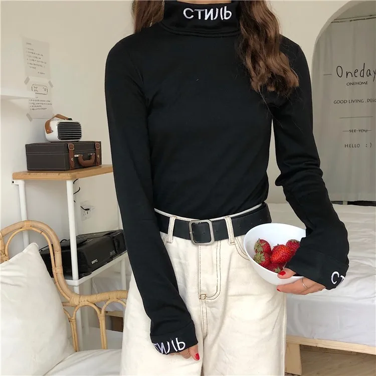 

Embroidery Letter Elastic Turtleneck Long Sleeve Women T-shirt Fashion Autumn Tops