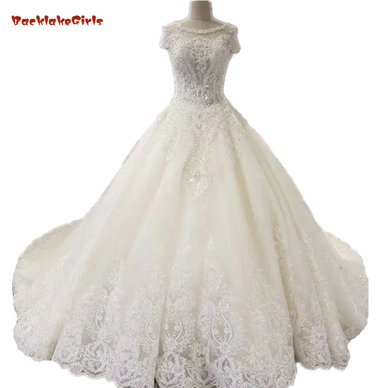 

Real Photo Arabic Scoop Neck Ivory Lace Applique Wedding Dress Beading Long Train Bridal Gowns Robe De Mariage 2017 New Design