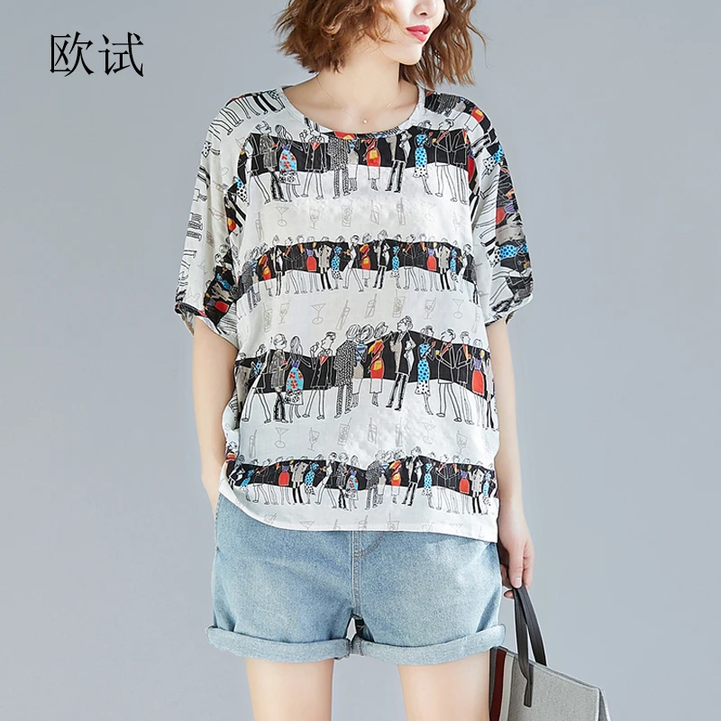 

2019 Summer Plus Size Tshirt Women Anime Print Big Size Cotton Linen T Shirt Ladies Loose Casual T-shirt Tee Tops Femme Thin