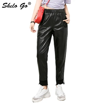 

Side Striped Leather Pants Women Spring Elastic High Waist Sheepskin Genuine Leather Pencil Pants Black Casual Female Capris