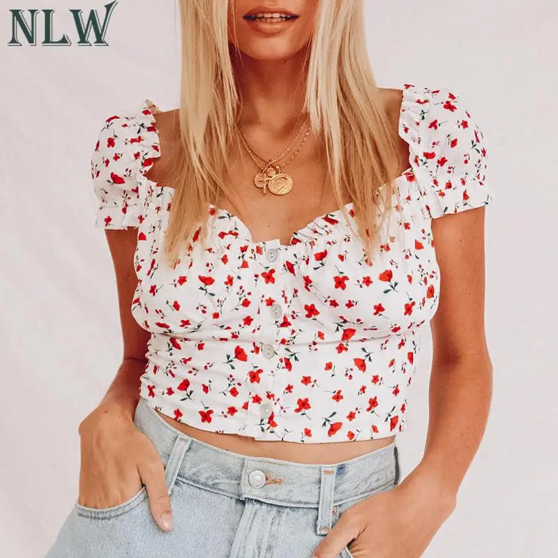 

NLW Chiffon Off Shoulder Crop Top Women 2019 Summer Flower Print Tank Tops Beach Holiday Ruffle Tops Button Female Camisa Mujer