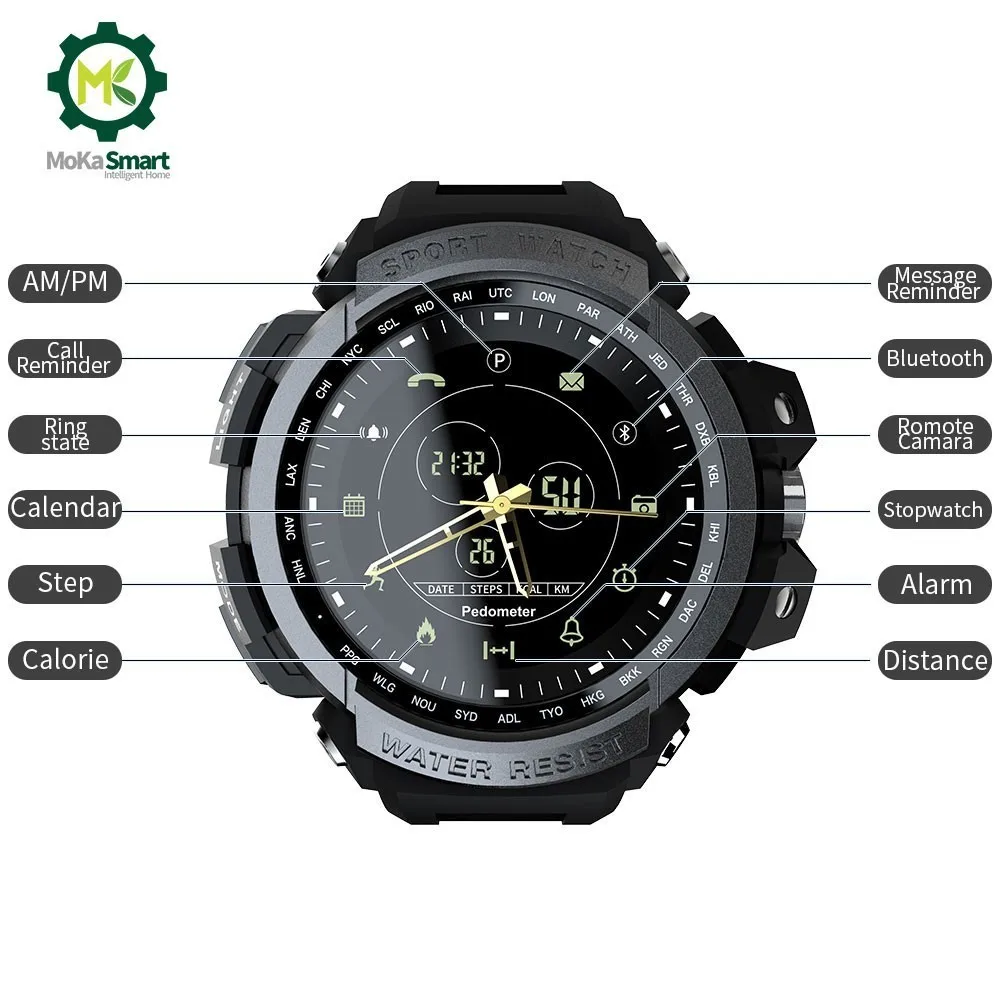 Comprar Reloj inteligente MOKA para hombres reloj Digital podómetro deportivo recordatorio de llamadas cámara remota Bluetooth reloj inteligente 5ATM impermeable