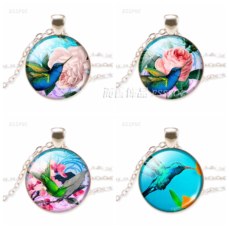 

Trendy Humming Birds Glass Cabochon Dome Pendant Silver Chain Necklace Colibri Woman Cabochon Vintage Jewelry Nature Style Gift