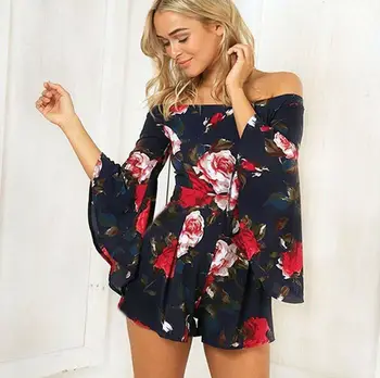 

Womens Flower Printing Off-shoulder Jumpsuit Playsuit Summer Beach Rompers