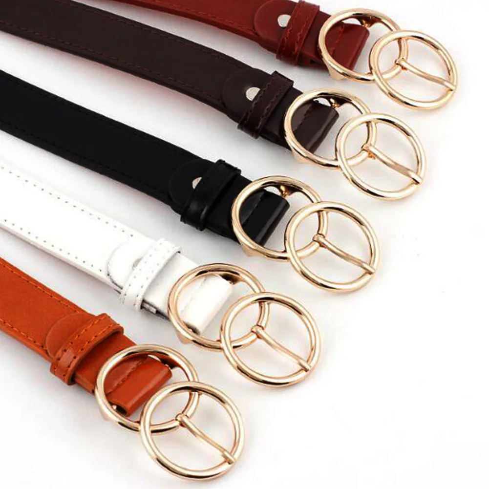

New Fashion Double Ring Belts Gold Buckle Jeans Skinny Thin Faux Leather Straps Waistband Brown Black White Belts Dress Pants