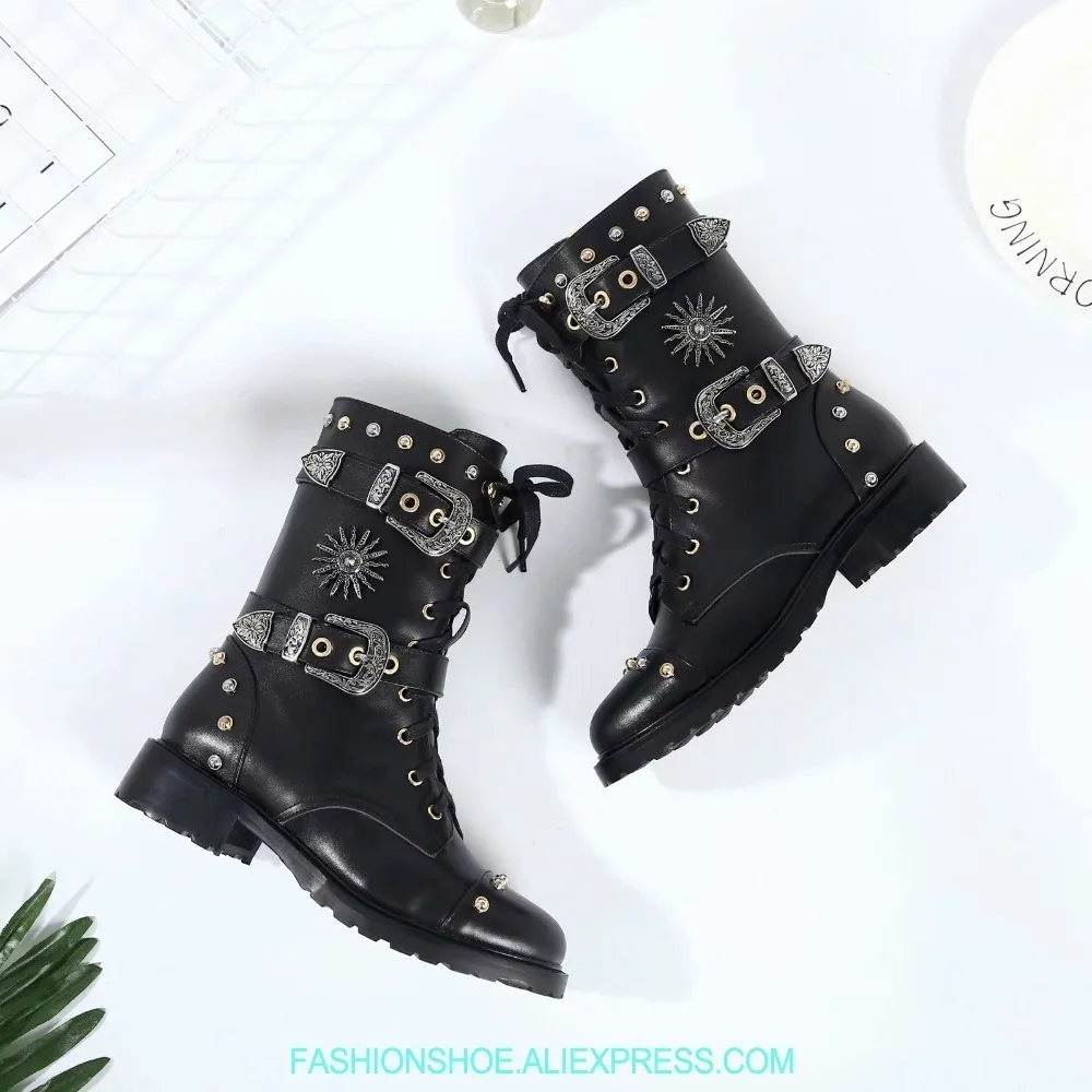 

New leather round toe motorcycle ankle woman boots side zipper belt buckle woman boots low heel comfortable leather cool boots