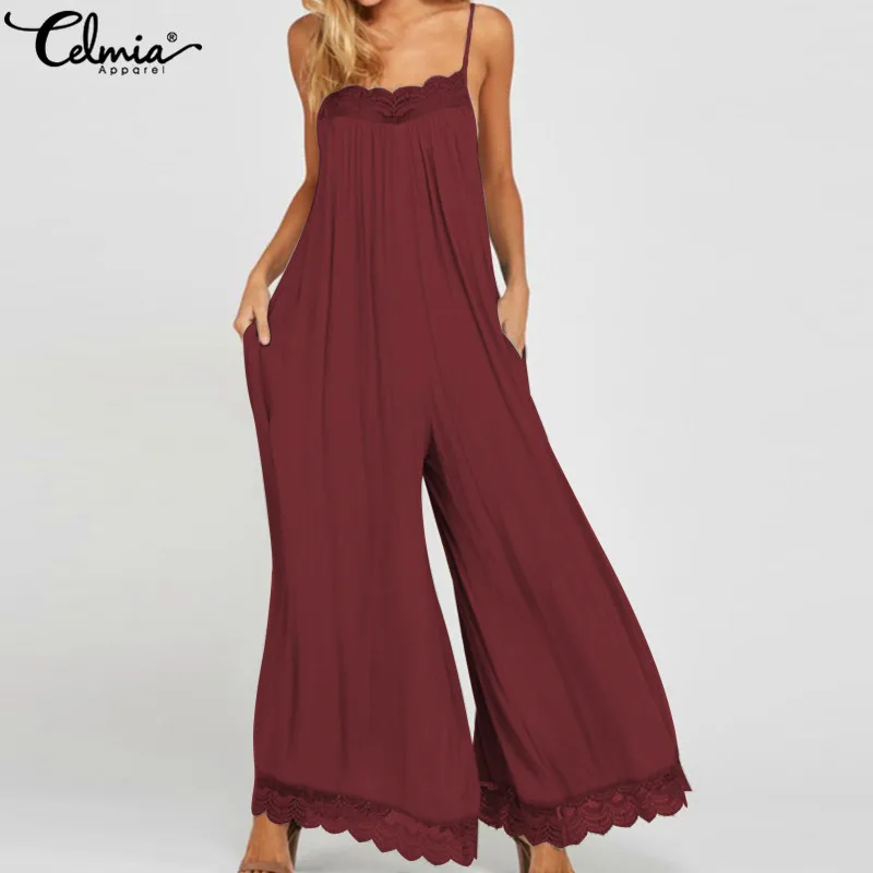 

Celmia S-5XL Summer Sexy Long Rompers Women Straps Backless Lace Jumpsuits Casual Sleeveless Wide Leg Pants 2019 Female Overalls