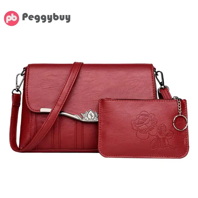 

2 Pcs/Set Women Messenger Bag PU Leather Handbag Composite Purse Clutch Red Black Square Crossbody Bag Ladies Shoulder Bags