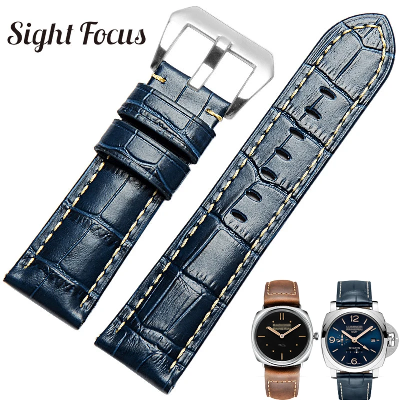 Ремешок кожаный для мужских часов Panerai толстый синий браслет 22 мм 24 26 мм|Ремешки
