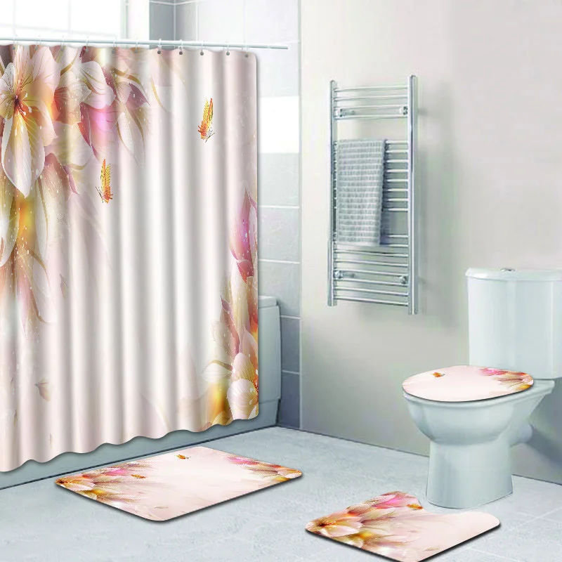 

4Pcs/Set Bathroom Non-Slip Rug + Lid Toilet Cover + Bath Mat+Shower Curtain Lot