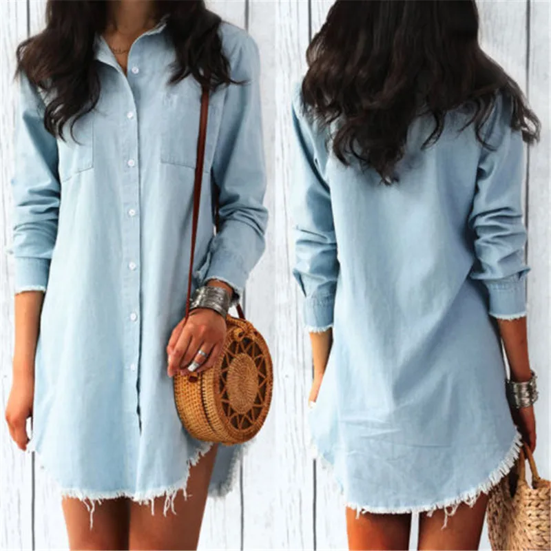 

Fashion Autumn Women Dress Lady Long Sleeve Denim Shirt Dress Casual Turn-down Collar Women Dresses Tassels Loose Party Clothes