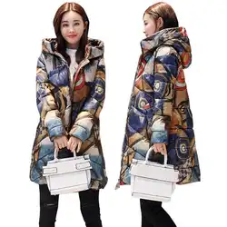 Печатные ThickerWinter вниз хлопковая куртка Для женщин Украины с капюшоном Женский Большие размеры парка длинное пальто новые модные пальто с