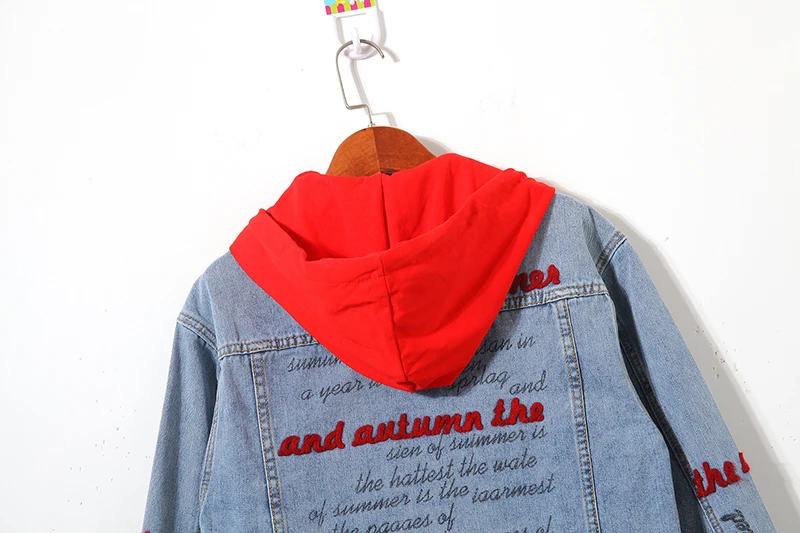 Ideal  #3132 Jeans Jacket Women Hooded Casual Jaqueta Bomber Denim Jacket Embroidery Letters Streetwear Ha