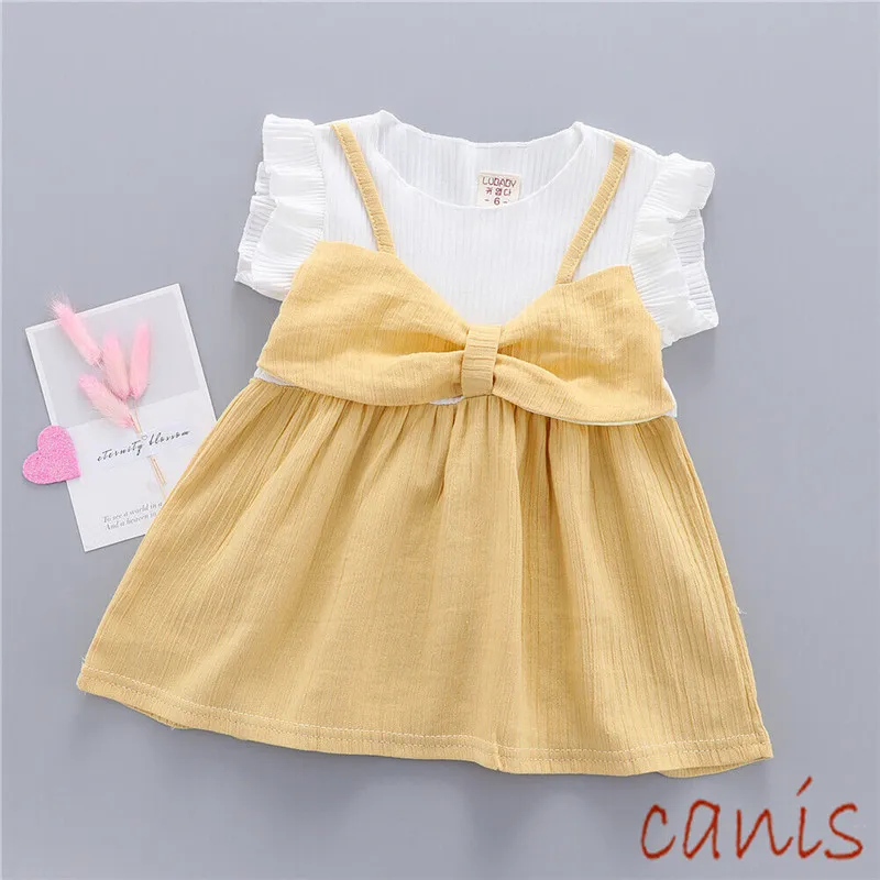 

Cute Kids Baby Girls Toddlers clothes round neck cotton lovely sleeveless Ruffle Geometry newborn Bow Dresses one pieces