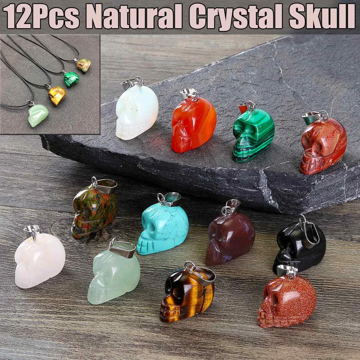 

12pcs/lot 15mmx20mm Fashion Natural Crystal Skull Stone Mixed Carved Skull Skeleton Charms Pendants For DIY Jewelry Making