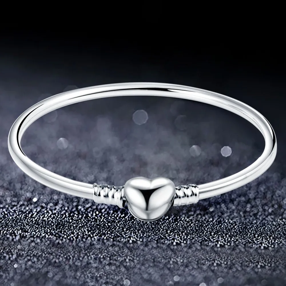 

ANFASNI Luxury Authentic 925 Sterling Silver Bangle Heart With CZ Clasp Bracelets For Women Jewelry bijoux PSBR0003