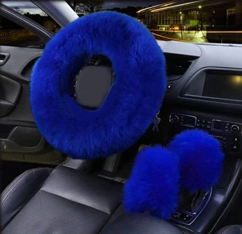 

3pcs/set Winter Car Steering-wheel Cover Blue Color Long Australian Wool Heated Fur Genuine Leather Steering Wheel Cover
