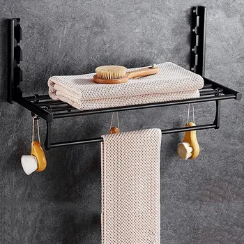 

Houmaid Bathroom fixtures Hardware European Black Towel holder Racks Space Aluminum Shower Room Wall Mounted Fold Towel Shelves