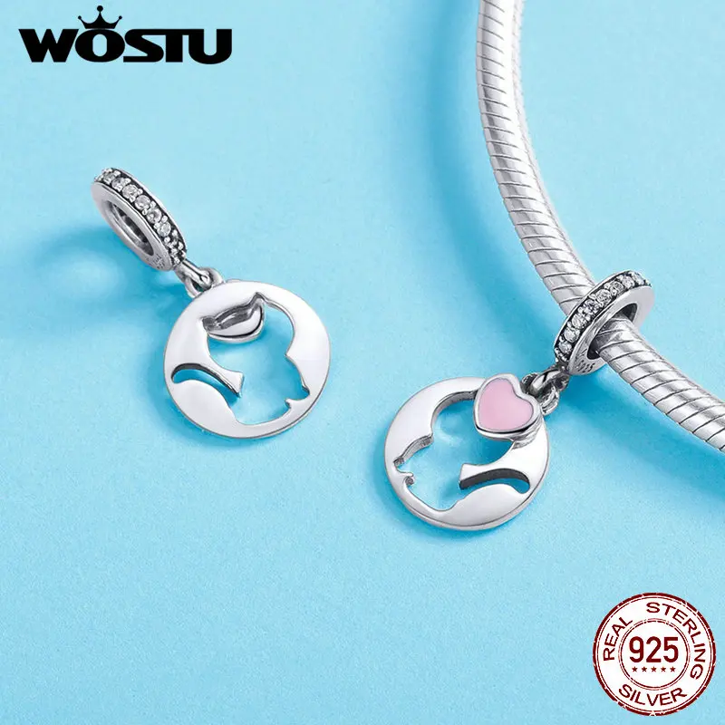 WOSTU 925 пробы, Серебряный Кот, Висячие Подвески, розовое сердце, CZ бисер, подходит для женщин, браслет, браслет, животные, подвески, ювелирные изделия CQC1140