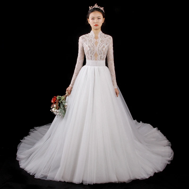 

BRITNRY Elegant Lace Long Sleeves Wedding Dress 2019 Sexy Vintage Wedding Gowns High-Neck Ball Gown Lady Bridal Dresses
