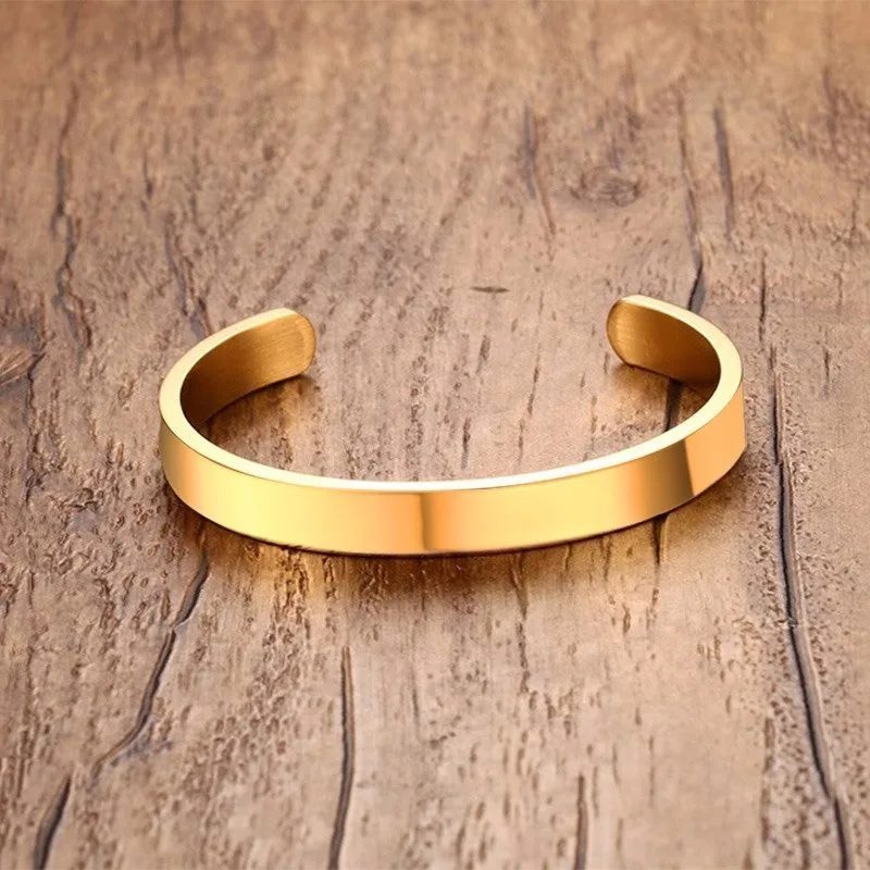 Solid Golden 6mm 8mm Flat Cuff Bangles for Men metal bracelet