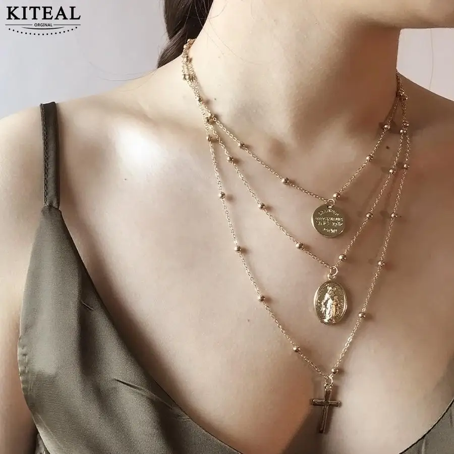 

KITEAL Hot sale! Lady multi-layer necklace chain cross Mary coin pendant Golden religious pattern colar feminino Personalized