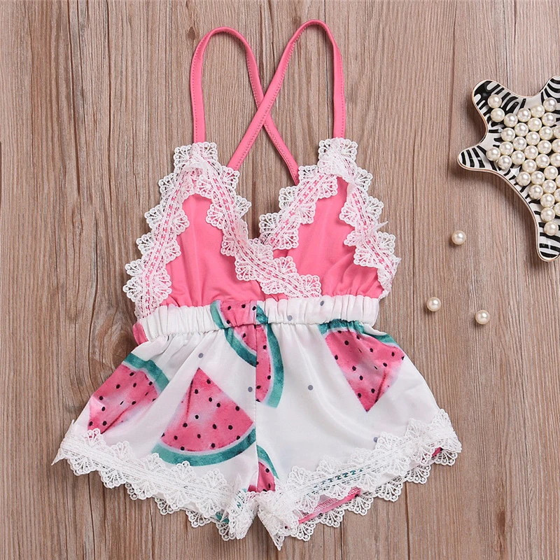 الصيف الوليد طفل طفلة الأطفال الدانتيل رومبير البطيخ طباعة بذلة أكمام الدانتيل يصل Playsuit فاتنة فتاة الملابس