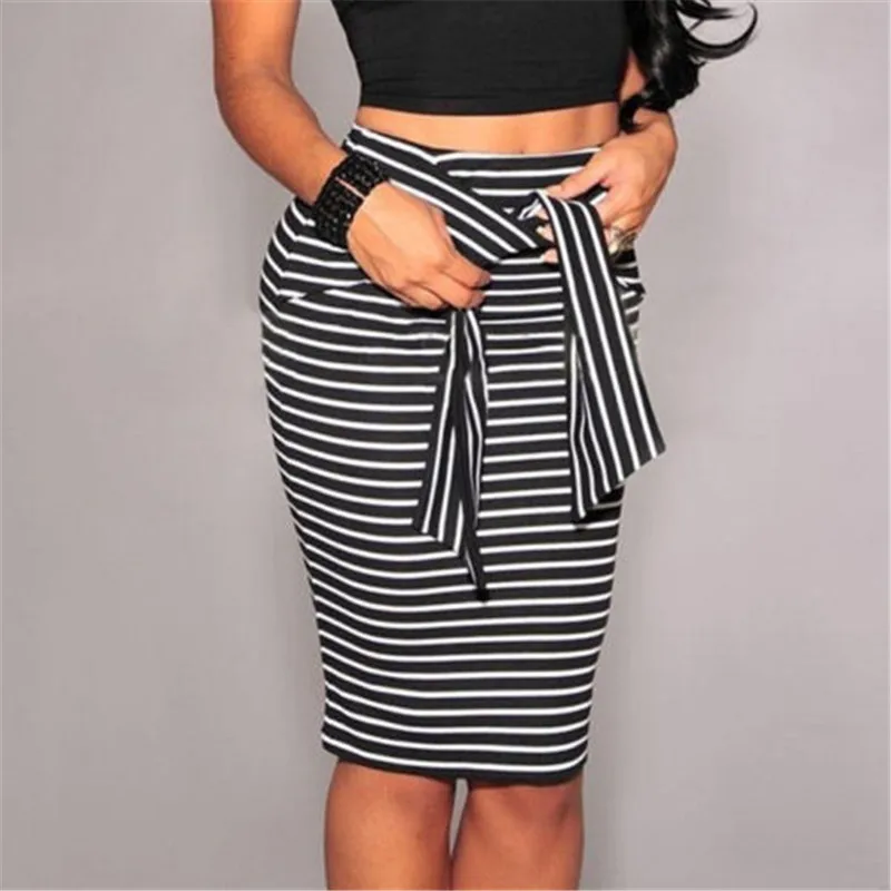 

Women's Sexy Bandage High Waist Striped Skirts Latest Package Hip Pencil Skirts 2019 Lace-up Knee-length Bodycon Short Skirt Hot