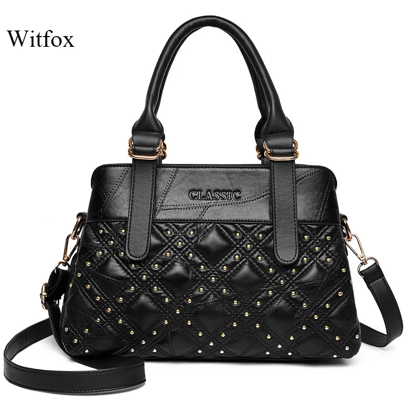 

WITFOX Genuine soft leather handbags for women sheep skin rivet punk street wear Diamond lattice ladies totes