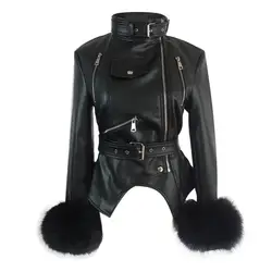 Готический pu кожаные куртки женские из искусственного лисьего меха манжеты зимние теплые утолщенный ремень уличная мода Панк Черные