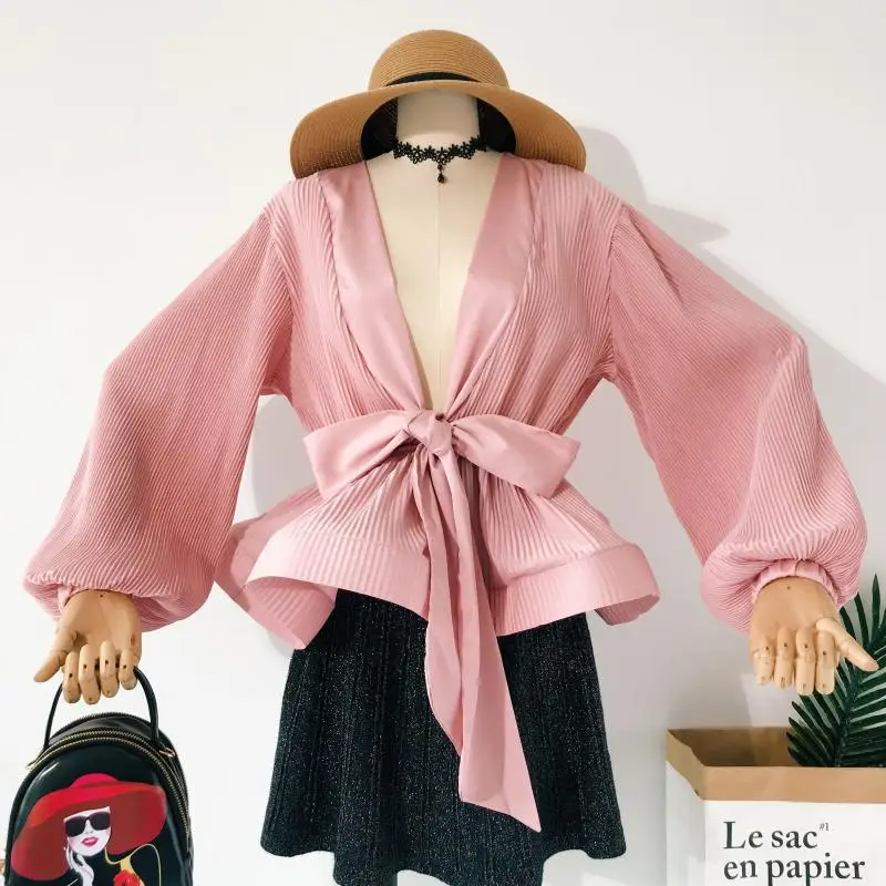 

Women White Fairy Chiffon Blouse Korean Lantern Sleeve Waist Slim Bandage Bow High Street Ruffle Shirt