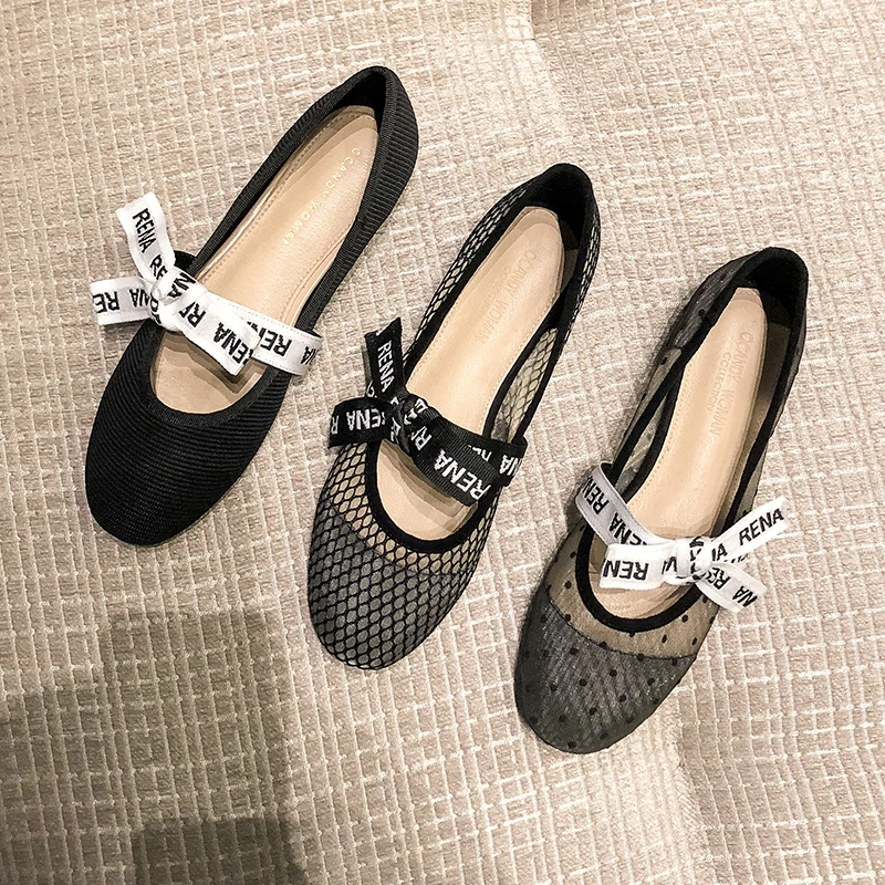 

Women Flat Sandals Black Air Mesh Butterfly Knot Pilka Dot Sandals Round Toes Gladiator Sandal Women 2019 Summer Shoes