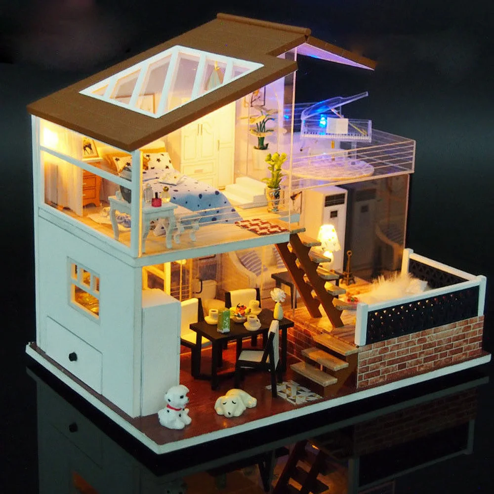 

Handcraft Wooden Doll House Furniture Set Miniature DIY Led Light Birthday Gift