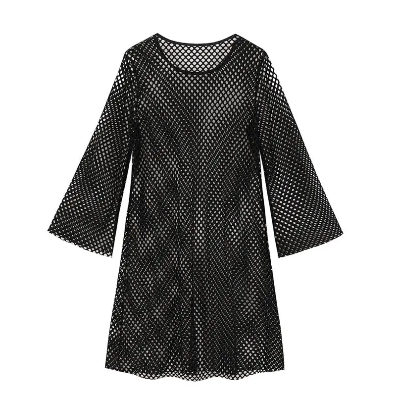 

Sexy Beach Dress Women Summer 2019 New Mini See Through Fishnet Hollow Out Long Sleeve Casual Black Gothic Club Short Dresses
