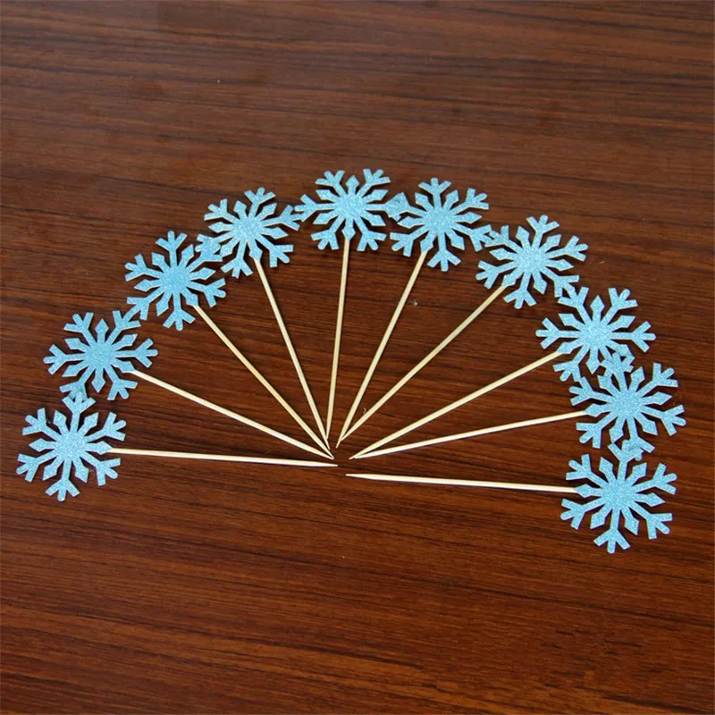 10pcs Christmas Frozen Snowflake Cupcake Toppers DIY Brithday Party Favor Christmas Decorations Glitter Snowflask Cake Topper-S