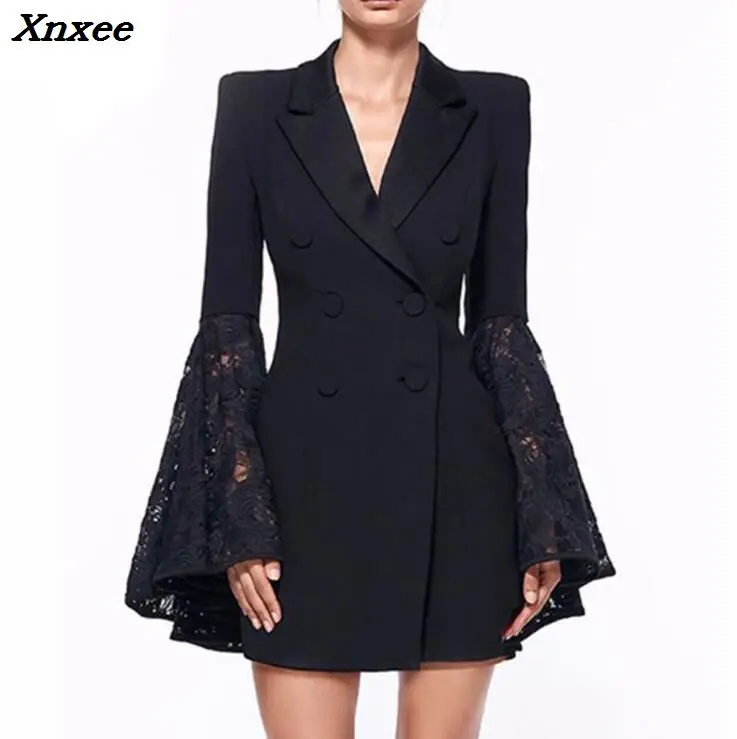 Women's blazer elegant suit women jacket coat black lace female blazer feminino double breasted medium-long women's suit blazer