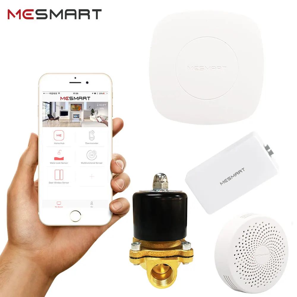 

MESMART Smart Home Automation Kit Hub Gas Leak Sensor Alarm 1/2" Brass Water Solenoid Valve+Controller Work With Alexa Echo