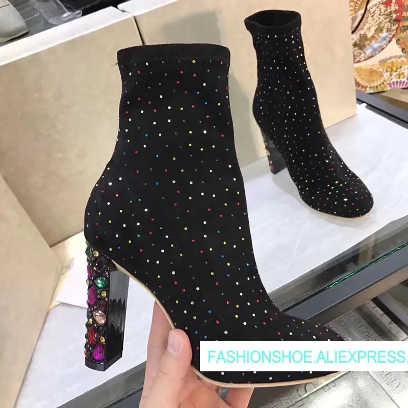 

2019 Shoes Spring Autumn Crystal High Heels Mid-Calf Boots Shoes Woman Kid Suede Designer Woman Runway Boots Sexy Stretch Boots