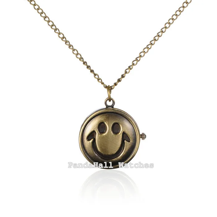 

2pcs Flat Round Alloy Smile Face Pendant Necklace Quartz Pocket Watch, Clamshell Watch with Iron Chains and Lobster Claw Clasps